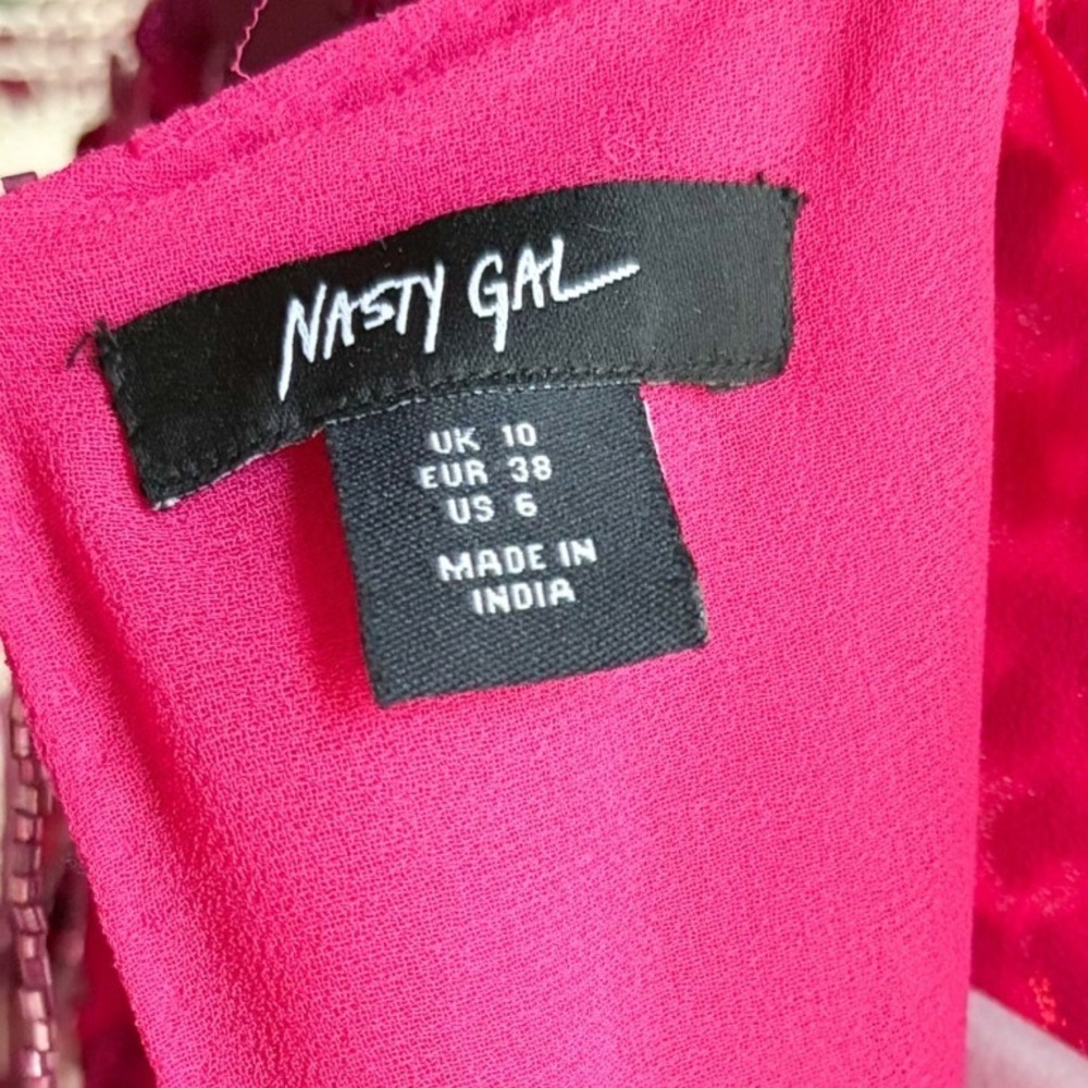 Nasty Gal Pink Sequin Fringe Mini Dress Long Bell Sleeve Beaded Glam Party Sz 6 - Picture 5 of 7